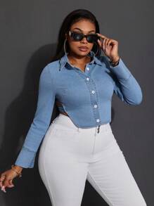 SHEIN SXY Áo khoác denim nữ cỡ lớn có nơ khoét lưng tay dài Áo dài tay màu xanh Áo mùa xuân Áo mùa hè Áo mùa hè cho nữ Áo đi chơi cho nữ Mùa xuân cho nữ Cô gái cao bồi cho nữ Buổi hòa nhạc cho nữ Áo crop top lễ hội Rave Áo dài tay buổi hòa nhạc cho nữ Y2k - Rửa trung bình - Xem 7
