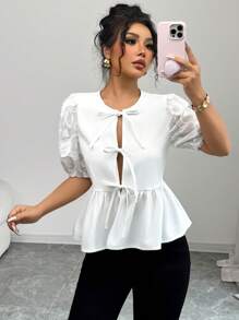 Elenzga 女士白色提花拼接系带泡泡袖衬衫 - 白色 - 查看 3