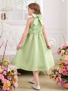 SHEIN Váy midi đính hoa cổ bẻ không tay thanh lịch cho bé gái tuổi teen - Màu xanh Bạc hà - Xem 6