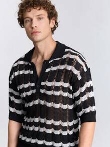 Ontre Men's Front Button Short Sleeve Striped Casual Knit Top - Multicolor - View 3