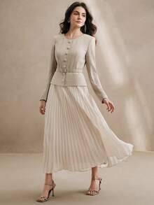 Anewsta Vestido largo de mujer de manga larga con cinturón en la cintura y pliegues, atuendo para el Día de San Valentín y Año Nuevo