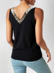 Women's Solid Color Patchwork V-Neck Sleeveless Simple Casual Blouse - Black - View 2