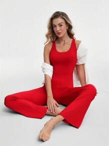 Lifespree Dames effen kleur rugloze mouwloze aansluitende sportjumpsuit