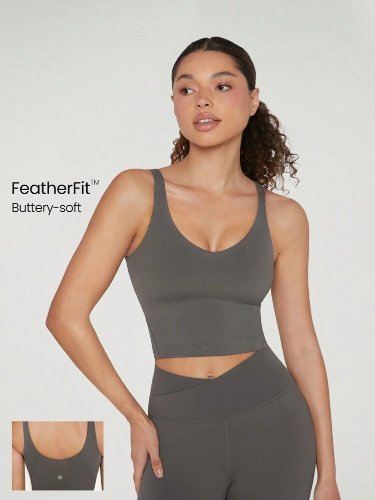 GLOWMODE FeatherFit™ Camiseta de tirantes corta con espalda en U para actividades de bajo impacto, yoga y uso diario en otoño e invierno - Gris Oscuro - Añade 1