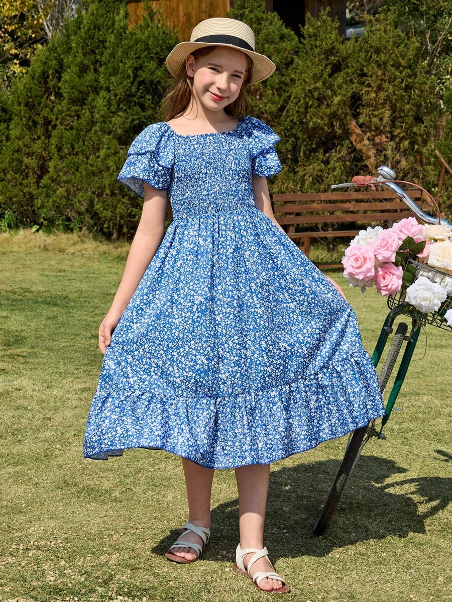 SHEIN Tween Girl Casual Ditsy Floral Layered Cap Sleeve Midi Dress ...