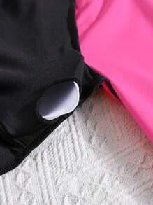 SHEIN Ensemble de maillot de bain ajusté à manches raglan en bloc de couleur rose et noir, adapté pour l'été à la plage, pour les adolescentes