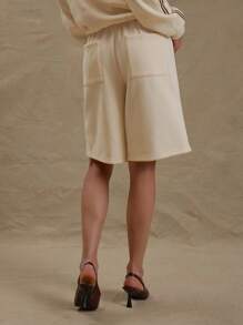MUSERA High Rise Elasticated Waist Below Knee Stripe Detail Wide Leg Shorts 90's Chic Elegant - Cream - View 5