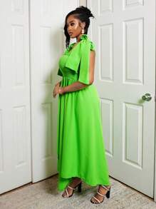 VaVaBold Spring And Summer New Holiday Elegant And Comfortable Elegant Tie Bow Waist Lan Long Dress Evening Dopamine Pleated Chest