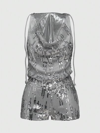 ROMWE Avant Y2K Sexy Scoop Neck Sequin Bling Bling Bodycon Jumpsuit With Hood For Women