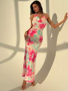 Aloruh Đầm bodycon dự tiệc bãi biển in hoa màu hồng thanh lịch có cổ khoét sâu, nơ hở lưng - Hồng - Xem 6