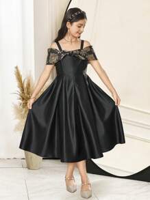 SHEIN Tween Girls' Elegant Print Patchwork Bow Strap Midi Dress - Black - View 4