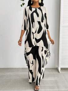 SHEIN Lady Spring Summer Casual Vacation Holiday Everyday Elegant Black And White Pattern Pleated Fabrics Vacation Outfits Woman Women Two-Piece Outfits Women Two Piece Set