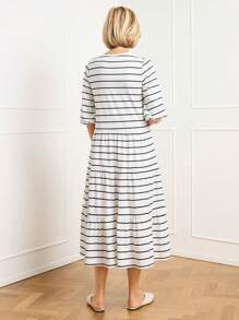 SHEIN LUNE Casual Striped Print Bubble Split Hem Mid-Sleeve Patchwork Dress For Women, Spring/Summer - Black and White - View 2