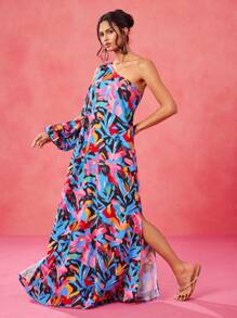 JIAN LASALA Vrouwen Multicolor Maxi-jurken Boho Asymmetrische Hals Lange Mouw Tropisch, All-over Print Asymmetrisch, Volant, Split Dij Zomeroutfits voor Vrouwen Zomerjurk Vrouwen Vakantie-outfits Uitgaan, Strandoutfits voor Vrouwen