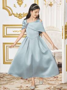 SHEIN Tween Girl Asymmetrical Neckline Short Sleeve Rhinestone Decor Elegant Dress - Green - View 6
