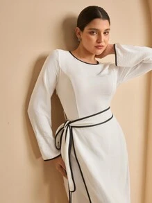 Graceveil Women Round Neck Pullover Modest Belted Arabic Style Dress For Daily Wear