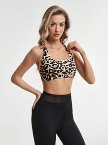 Activina Leopard Print Minimalist Sports Bra With Criss-Cross Back Straps - Khaki - View 5