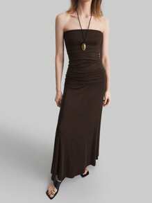 Ontre 2 peças/Conjunto Top Bandô Drapeado Cáqui e Saia Godê Elegante, Vestido de Primavera para Mulheres, Conjunto com Duas Peças de Roupa de Verão para Mulheres, Conjunto de Descanso - Castanho - Visão 7
