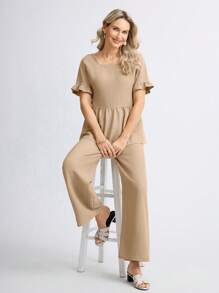 Miaspire 2pcs/Set Women Solid Color Short Sleeve Top And Long Pants Casual Outfit