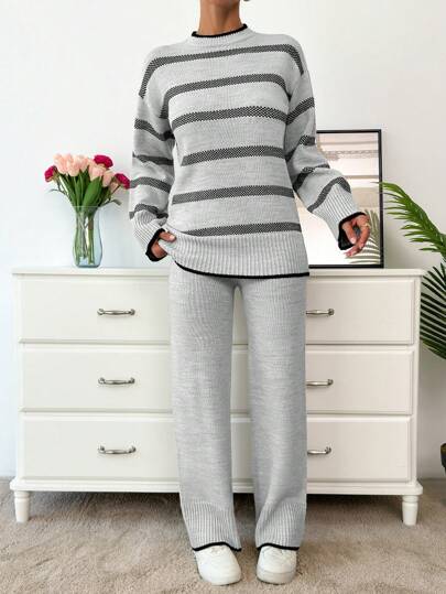 EURMUSE Women Black And Beige Stripes Soft Touch Cozy Sweater Set Sets