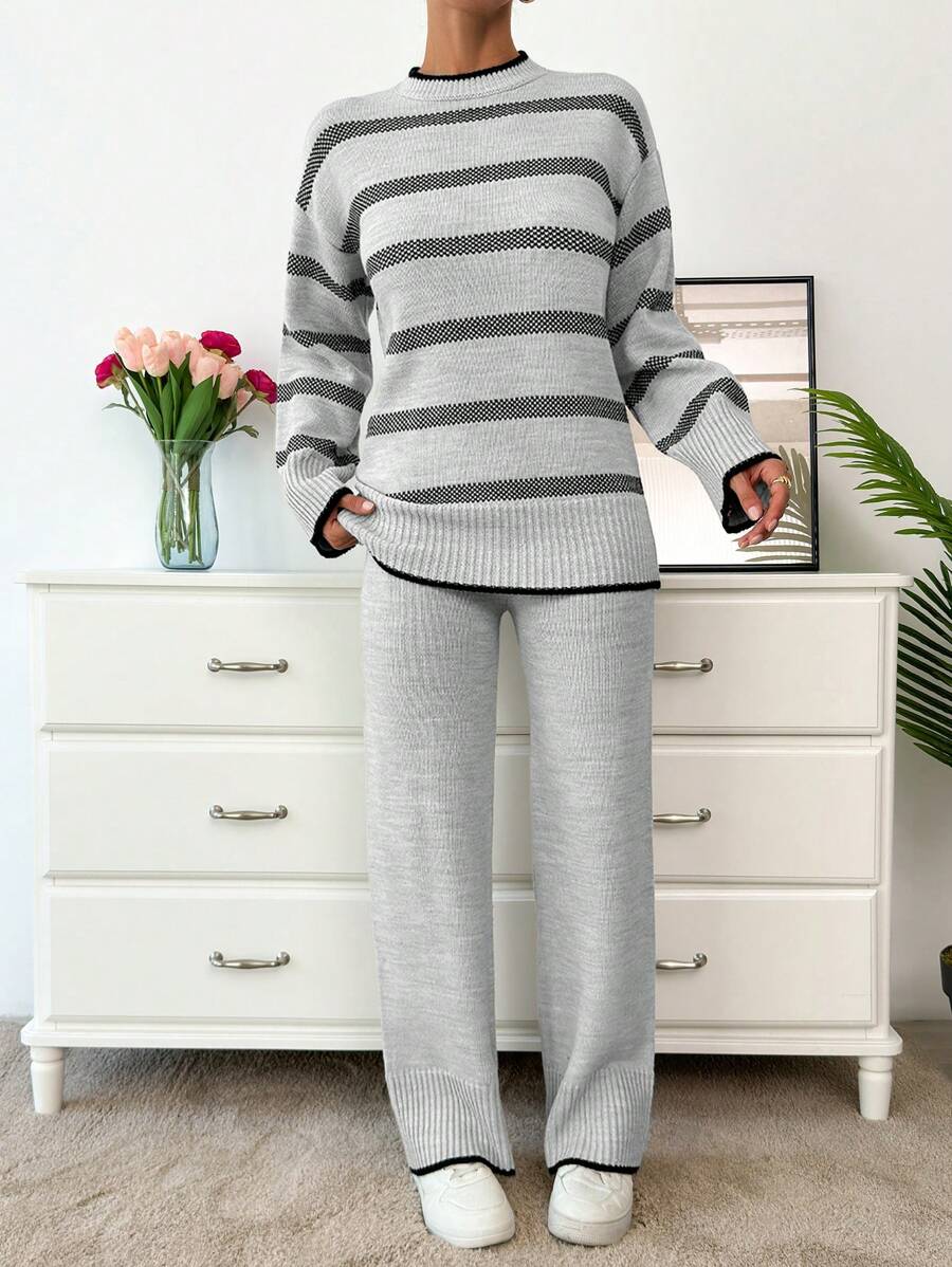 Women Black And Beige Stripes Soft Touch Cozy Sweater Set Sets - Light Grey - View 1
