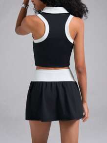 Easelle 女式运动休闲黑白撞色拼接 POLO 领无袖短款上衣和交叉腰下摆 A 字裙套装 - 黑與白 - 查看 6