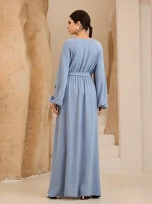 Graceveil Vestido largo casual de mujer de unicolor con cuello redondo, manga larga y cintura con cordón