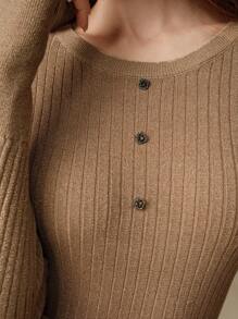 Anewsta 金属纱罗纹针织美人鱼下摆长袖连衣裙，Old Money，春季 - 杏色 - 查看 9