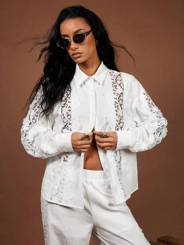 COSMINA Women's Elegant Lace Hollow  Bohemian White Blouse, For Resort Wear, Spring/Summer