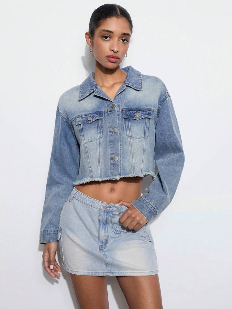 SHEIN Maija Women's Casual Long Sleeve Cropped Denim Jacket
