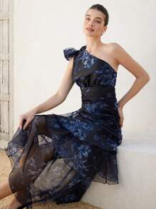 Femmeiva Elegant French Black Floral Chiffon Dress For Summer Wedding, Asymmetrical Layered Cinched Waist One Shoulder High-End Sophisticated Style - Multicolor - View 3