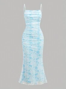 SHEIN Girlism 少女花卉图案网眼休闲褶饰吊带连衣裙，生日装 - 藍色 - 查看 5