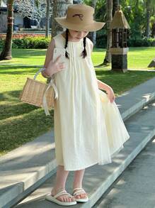 DAZY Tween Girls' Solid Color Crew Neck Pleated Sleeveless Casual Dress,Girls Summer Outfits,Back To School Clothes - Apricot - View 3