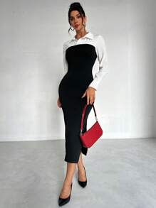 SHEIN Privé Nieuwe zwarte, getailleerde lange jurk met kleurblok en revers voor dames met split, elegante/werk/zakelijk/dagelijks/casual/vakantie/lerarendagoutfit