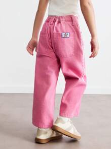 THE HAPPY LOOK Young Girls Loose Fit Embroidered Straight Leg Pink Casual Jeans, Autumn/Winter