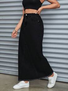 SHEIN Tall Denim A-Line Midi Skirt, Casual & Fashionable Everyday Wear - Black - View 5