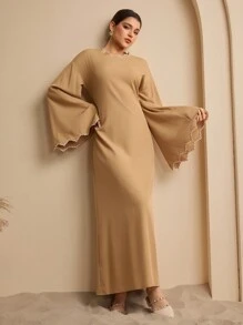 Graceveil Women's Embroidered Bell Sleeve Modest Elegant Wrap Waist Arabic Style Dress