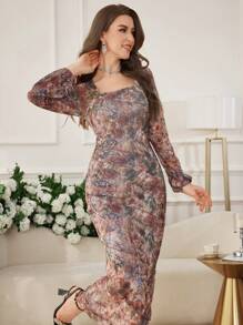 Modelyn Women's Long Tie-Dye Floral Print Bodycon Dress, Elegant And Charming, Spring/Summer