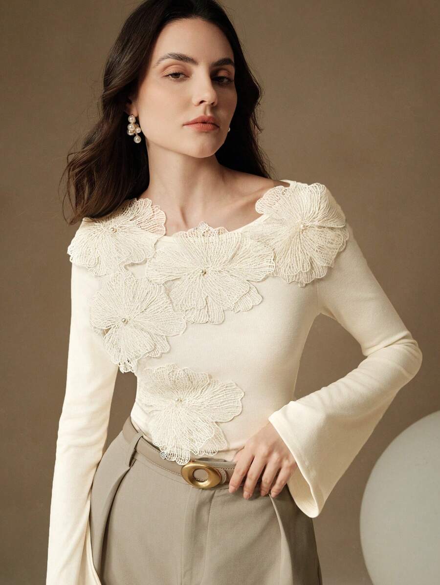 Anewsta Women's Casual 3D Floral Embroidery T-Shirt, Autumn/Winter - Apricot - View 1