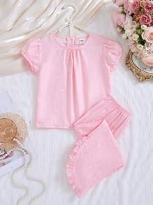 2pcs Baby Girls Star & Moon Pattern Short Sleeve Top And Pants Pajamas Set, Comfortable Home Outfit