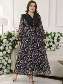 Modelyn Damen V-Ausschnitt Volant besetztes Blüten Langarm Kleid, elegant, schlankend, Große Größen - Verschiedenfarbig - Übersicht 6