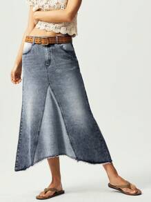 Bohemela Boho Cowgirl Solid-Color Woven Denim Wash Asymmetric Hem Women Skirt - Blue - View 3