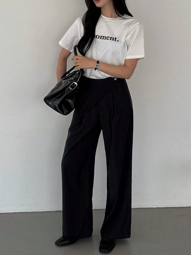 Women's Solid Color Straight Leg Wrap Pants With Design Details Women Dress Pants