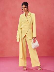 EBIB 设计师淡黄色高腰阔腿西装裤女士休闲裤，春夏季，办公室女士裤子，奶油黄色女士工作裤，黄油黄色裤子