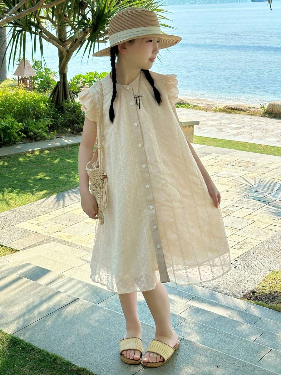 Dazy Kids Tween Girl Front Button Basic Short Cap Sleeve Casual Dress Vacation - Beige - View 1