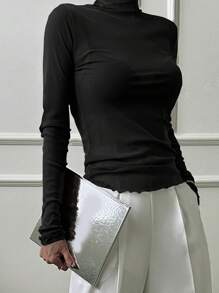 DAZY Áo thun ôm sát cổ bẻ phối ren màu trơn cho nữ, màu nâu cà phê, mặc được 4 mùa, quần áo thu tay dài cổ lọ cho nữ - màu đen - Xem 3