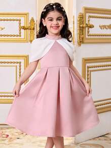 SHEIN Đầm dệt kim dáng chữ A cổ đứng phối màu tương phản cho bé gái, thích hợp cho kỳ nghỉ gia đình, dễ thương, thanh lịch và thời trang, dự tiệc, sinh nhật, công chúa xinh đẹp, mẹ và con gái, chị em gái mặc đồ đôi. Mùa xuân hè. - Hồng - Xem 4