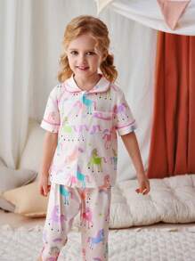 Set de 2 piezas de pijama para bebé niña con parte superior de manga corta y pantalones con estampado lindo y dulce de poni, cómodo y casual - Rosa - Ver 8