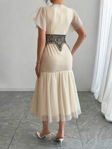 DAZY Women's Lace Patchwork Ruffle Trim Fitted Party Dress With Cap Sleeves Prom Dress,Formal Women Dresses