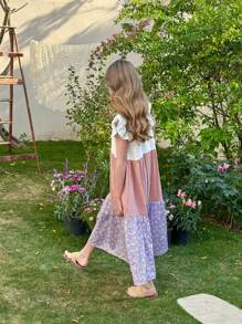 LMoss Kids Vestido ajustado para niñas preadolescentes con cuello redondo, volantes en el bajo y estampado de flores pequeñas en colores contrastantes - Multicolor - Ver 5